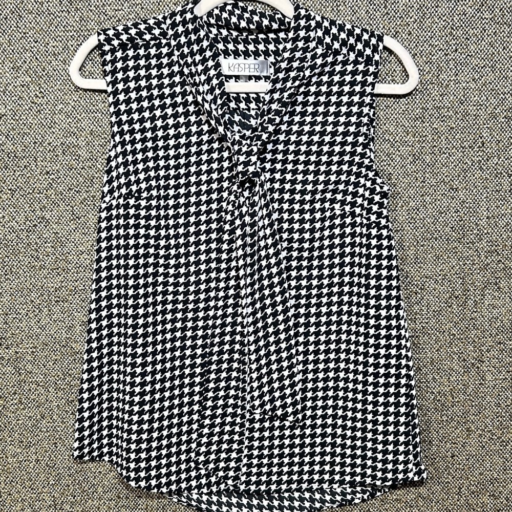 Kasper Houndstooth Tie Neck Sleeveless Blouse Black White Polyester Small
